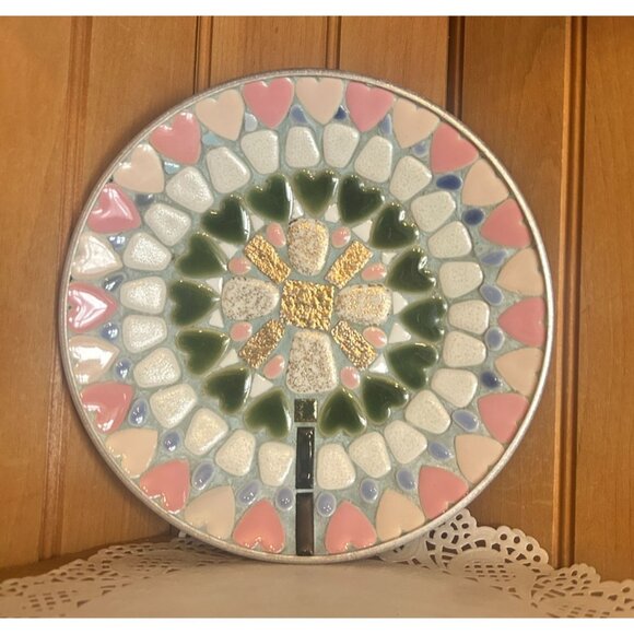 Vintage MCM Mosaic Plate Pink White Green Heart Tile Design Metallic Accents 8" - Picture 1 of 4